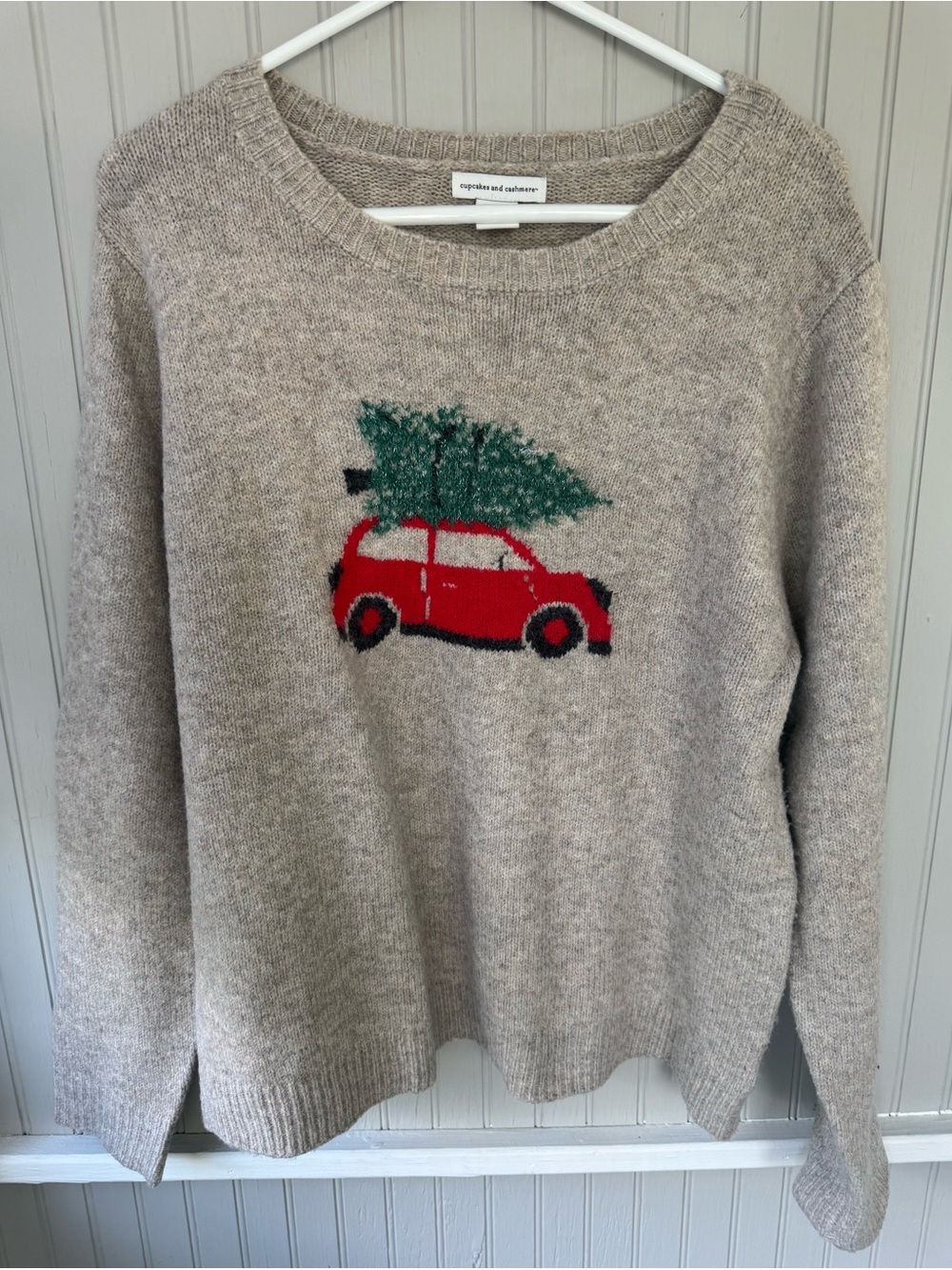 cupcakes & cashmere Beige Sweater with Red Car & Green Tree